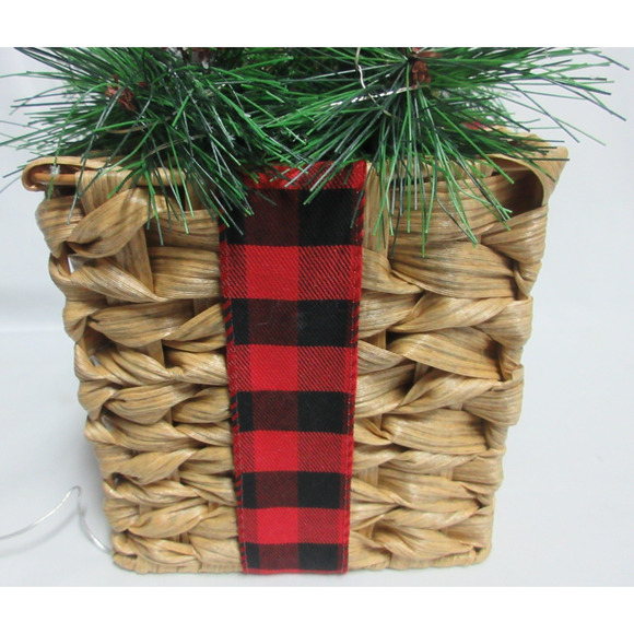 Christmas Gift Present Rattan Box Light Up Cardinal Buffalo Plaid Pinecones 6x6 - Picture 5 of 8
